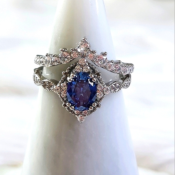 NWT Ryze Denim Blue Cubic Zirconia .925 Sterling Silver Double Ring - Size 9 - Picture 4 of 10